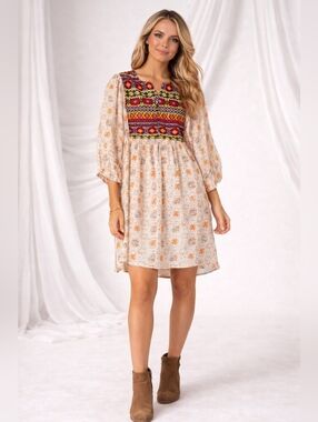 Umgee Bohemian Multicolor Embroidered Dress Size M